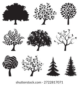 Colección de siluetas de árboles. Conjunto de árboles aislados negros. Silueta de jardín.