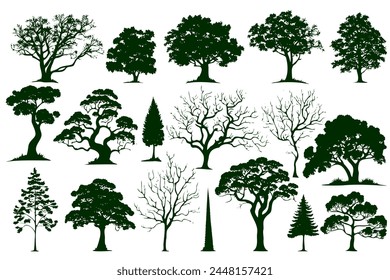 collection tree silhouettes, some which are bare and some with leaves. Scene is serene and peaceful, with the trees representing nature and outdoors