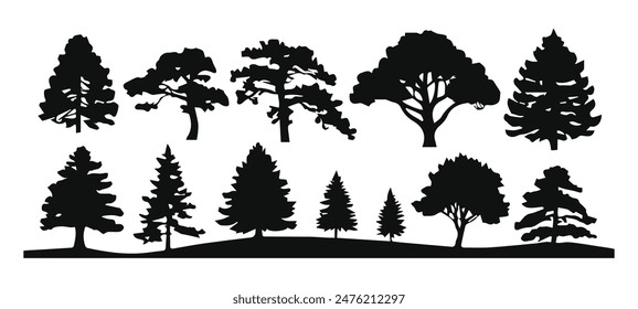 A collection of tree silhouettes in various shapes and sizes. Perfect for nature-inspired designs and landscape illustrations.