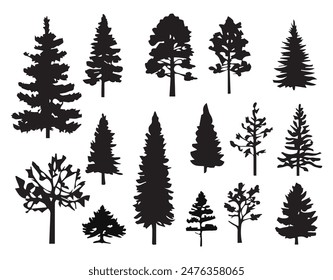 A collection of tree silhouettes in various shapes and sizes.