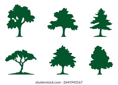 A collection of tree silhouettes in various shapes and sizes. Perfect for nature-inspired designs and landscape illustrations.