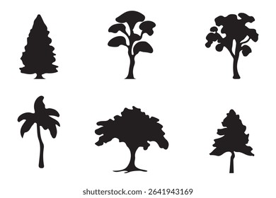 A collection of tree silhouettes in various shapes and sizes. Perfect for nature-inspired designs and landscape illustrations.