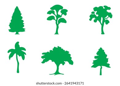 A collection of tree silhouettes in various shapes and sizes. Perfect for nature-inspired designs and landscape illustrations.