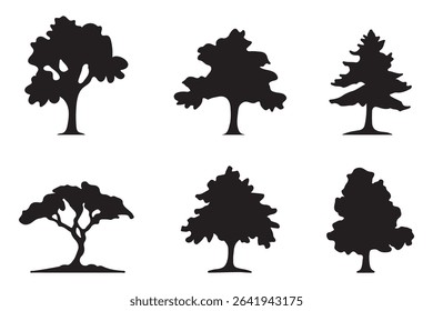 A collection of tree silhouettes in various shapes and sizes. Perfect for nature-inspired designs and landscape illustrations.