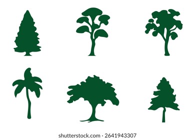 A collection of tree silhouettes in various shapes and sizes. Perfect for nature-inspired designs and landscape illustrations.