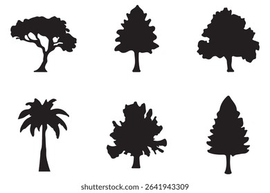 A collection of tree silhouettes in various shapes and sizes. Perfect for nature-inspired designs and landscape illustrations.