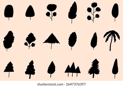 Coleção de silhuetas de árvores em várias formas e estilos, árvores vetoras pretas para projetos de design de natureza, floresta, paisagem e florestas