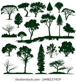 Kollektionen-Silhouetten in verschiedenen Größen und Formen, Bäume sind alle grün und einige kahl. Hier herrscht ein ruhiges und entspanntes Ambiente vor, die Bäume verkörpern die Natur und die Natur