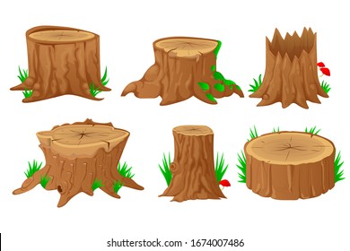 Collection of tree stumps, isolated on white background. Vector illustration in flat style.