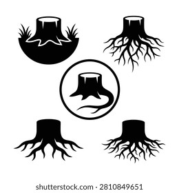 Collection of tree stumps with roots in black and white for design use