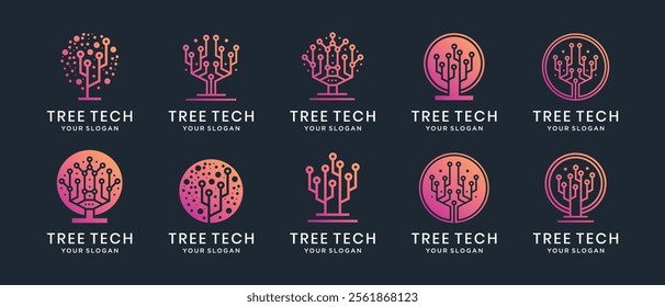 collection of tree technology logo designs. Technology tree logo template. Technology logo symbol icon