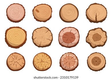 Collection Of Tree Trunk Cross Sections, Displaying Unique Patterns And Textures. Perfect For Rustic Decor, Woodworking Projects, Or Educational Purposes, Isolated Icons. Cartoon Vector Illustration