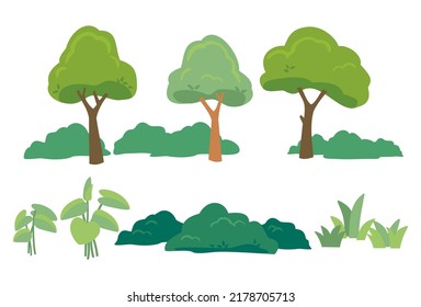 Collection of trees and bushes illustrations in cartoon style forest and garden tree nature plant isolated