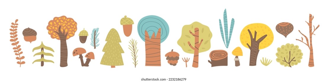 Collection of trees, bushes, mushrooms and acorn. Decorated plants of the forest, park, garden, grove. Clip art hand drawn botanical elements, nature. Vector illustration in flat style, seasons banner