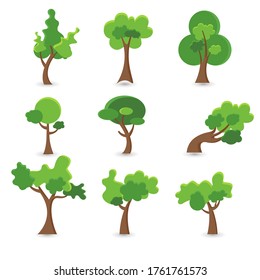 Colección de dibujos animados de árboles. Se puede usar para ilustrar cualquier tema de naturaleza o estilo de vida saludable. ilustración vectorial de caricatura de árbol sobre fondo blanco. 