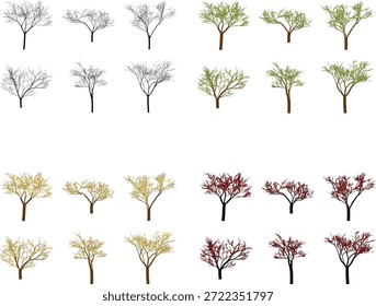 Collection of trees with different colored leaves and branches on white background.eps