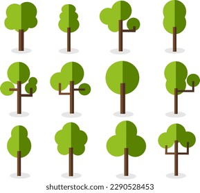 Collection trees in flat style. Nature icons, Green planet sign,simple flat vector.