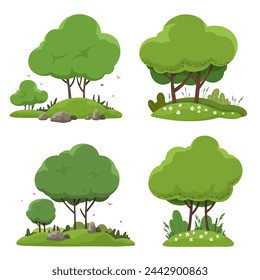 Collection of trees, gaming platforms, elements in cartoon flat style.