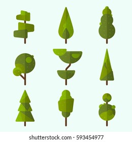 Collection of trees, illustration with gradients. Vector geometric plants. 