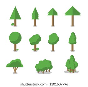 Collection of trees illustrations. Can be used to illustrate any nature or healthy lifestyle topic. Flowers, grass, big and small trees, leakage, bush, landscape, garden, park, elements.