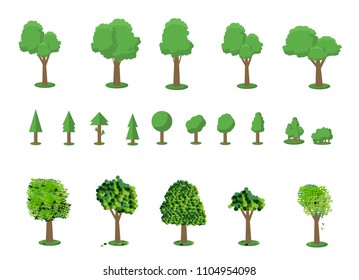 Collection of trees illustrations. Can be used to illustrate any nature or healthy lifestyle topic. Flowers, grass, big and small trees, leakage, bush, landscape, garden, park, elements.