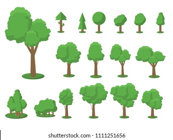 Collection of trees illustrations. Can be used to illustrate any nature or healthy lifestyle topic. Flowers, grass, big and small trees, leakage, bush, landscape, garden, park, elements.