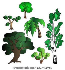 Collection of trees illustrations. Can be used to illustrate any nature or healthy lifestyle topic.Set of abstract stylized trees. Natural illustration.