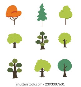 Collection of trees illustrations. Collection of deciduous and evergreen forest plants isolated on white background. Set of flat stylized trees. Natural vector illustration