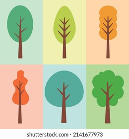Collection of trees illustrations. deciduous, forest plants, evergreen, Botanical collection.
