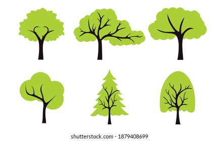 Colección de ilustraciones arbóreas. Árbol verde fértil en una variedad de formas sobre el fondo blanco