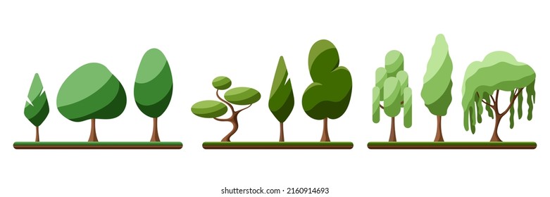 Collection of trees for indie games, applications, programs. Nine different with shadows types of trees for three different biomes in a flat game. Vector cartoon abstract stylized trees set.