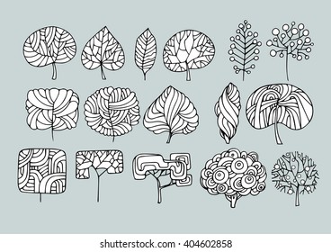 Collection Of Trees, Isolated on a gray background.Art sketching set of vector trees symbols.Stylized trees of various shapes,Hand drawn trees set
