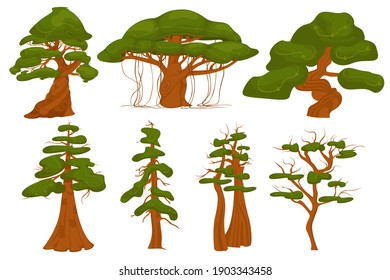 Collection of trees isolated on white background. Trees of different types of sizes of density of leaves tree with leans. Vector illustration