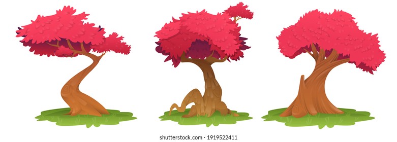 Collection of trees isolated on white background. Beautiful pink leaves of a tree, sakura, cherry tree. Vector illustration