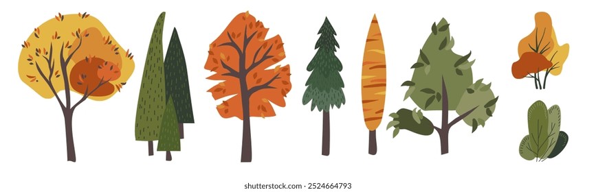 Collection of trees isolated on white background. Botanical collection of bare trees and ones with leaves and lush crowns. Flat vector illustration on white background