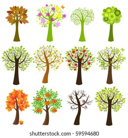 Collection Of Trees, Isolated On White Background, Vector Illustration