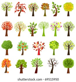 Collection Of Trees, Isolated On White Background, Vector Illustration