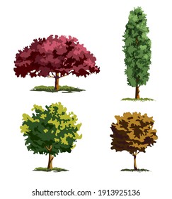 Árboles de recolección con hojas, conjunto de árboles deciduos diferentes, aislados, ilustración vectorial sobre fondo blanco