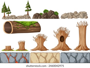 Collection of trees, rocks, and ground textures