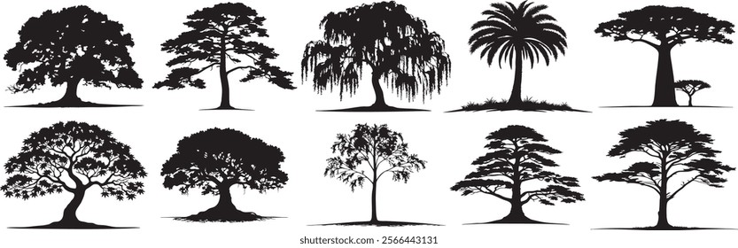 collection of trees silhouette, Cypress, Baobab, Cedar, Birch, Banyan, Maple, Palm, Willow, Pine, Oak trees vector illustration