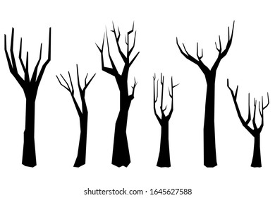 Collection of trees silhouettes isolated on white background. Black trees dead.