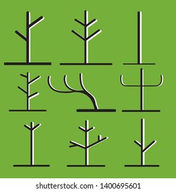 Collection of trees silhouettes on green background 