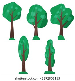Colección de árboles, simples árboles planos en el techo, árboles aislados en un fondo blanco