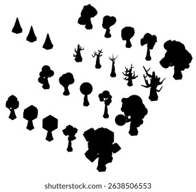 A collection of trees in various sizes and shapes are shown in black and white. The trees are scattered across the image, with some closer to the foreground and others further back. Isometric view