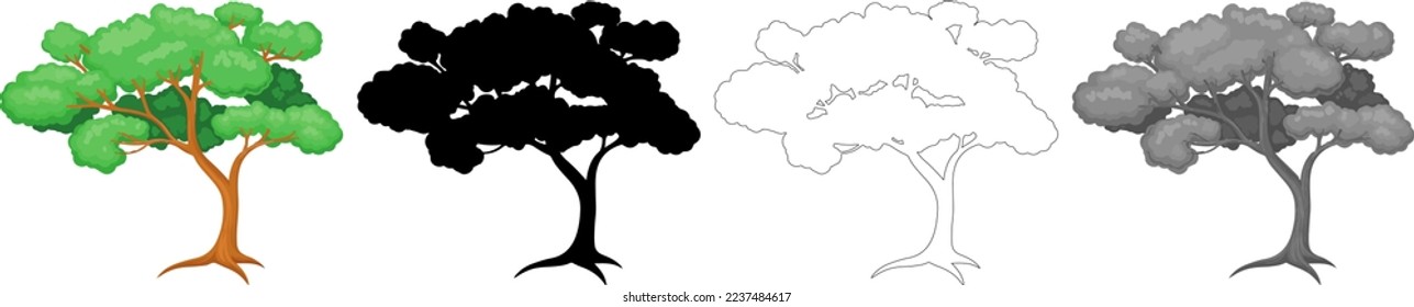 Vector de árboles de colección, silueta de árbol, arte de línea de árbol sobre fondo blanco.