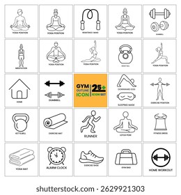 Coleção de tendências vetor linha ícones de esportes como ginásio, ioga, ginástica, corrida, corrida, cuidados de saúde, linha, homens fitness e home workout símbolo. Conjunto editável de formas de ícones de linha de vetor de esportes.