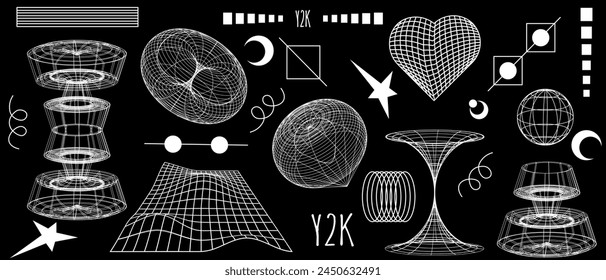 Collection trendy 3D Wireframe Abstract Shape isolated black background. Y2K Geometric vector aesthetic can used web and social media design. EPS 10