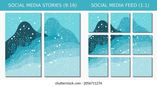 Collection Of Trendy Abstract Aesthetic Blue Winter Snow Background Vector Illustrations. Social Media Feeds And Story Backgrounds. Print-ready Modern Wall Poster Decoration