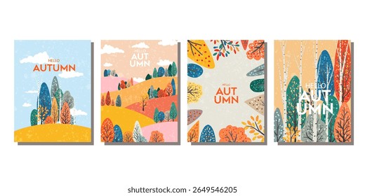 collection of trendy abstract autumn fall poster for cover, card with bright beautiful leaves, plants, autumn forest. template for advertising, sales, web and social media, print