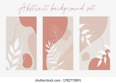 Collection of trendy abstract backgrounds. Set of hand drawn geometric shapes and leaves. Contemporary modern vector illustration. Templates for social media, print, card, poster. Pastel colors.